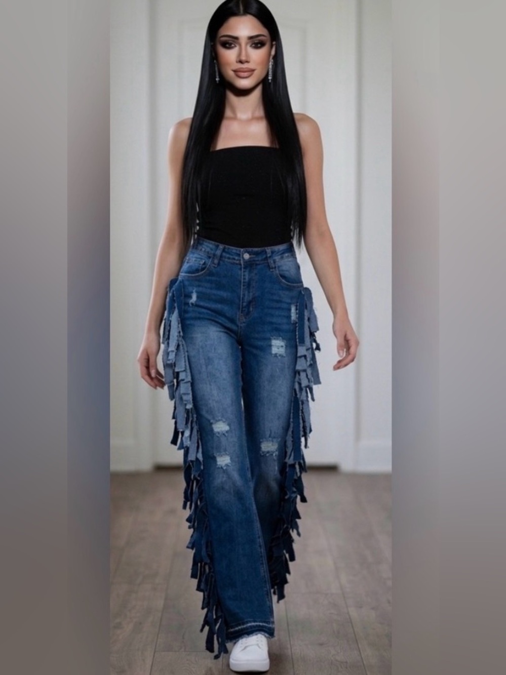 Upcycled Fringed Wide Leg Denim Jeans - Blue